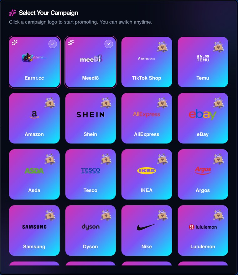 Earnr — campaign selection dashboard with brand partners