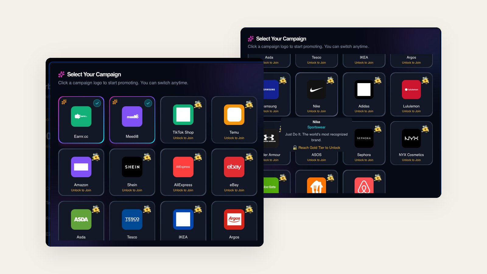 Earnr — campaign selection dashboard with brand partners