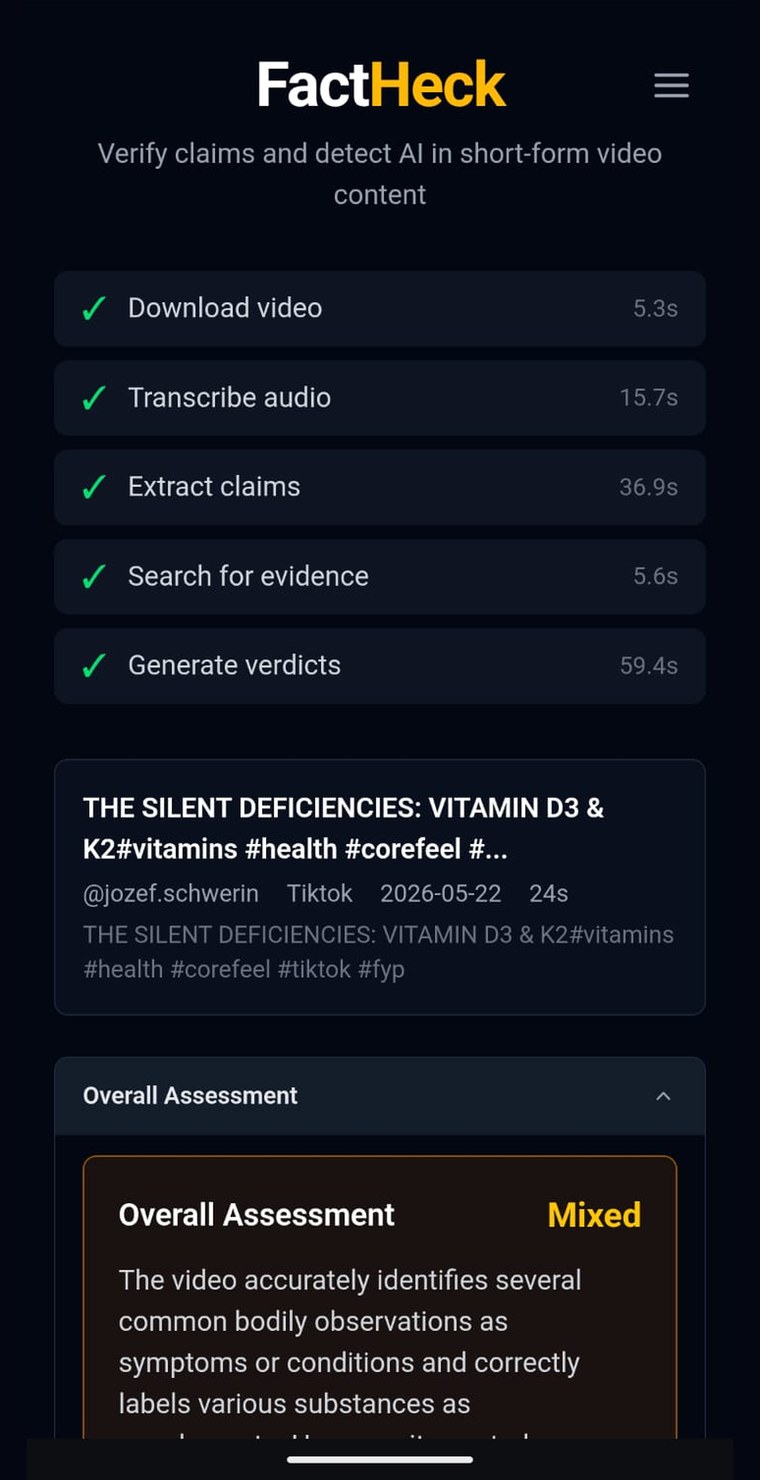 FactHeck — verification pipeline and overall assessment
