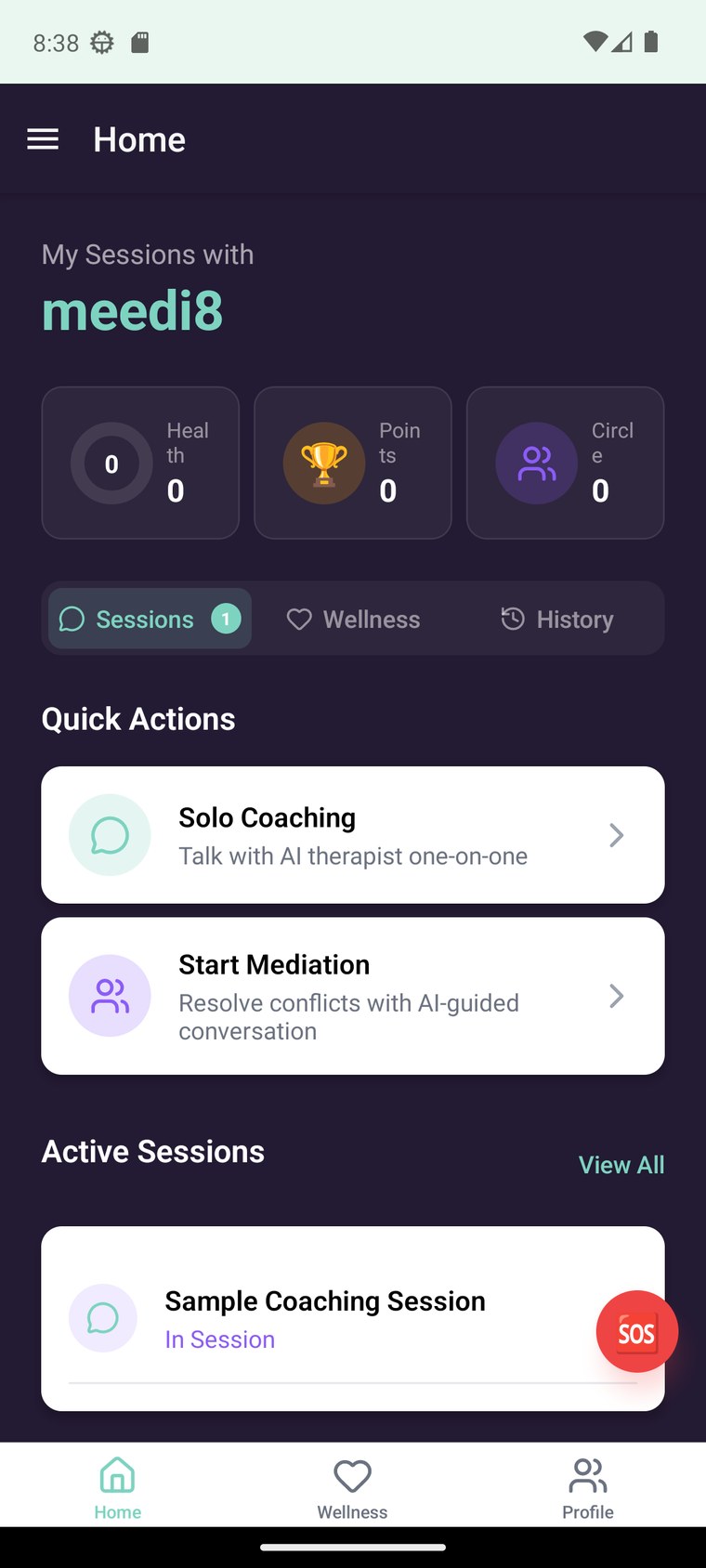 Meedi8 mobile app home — Solo Coaching and Start Mediation