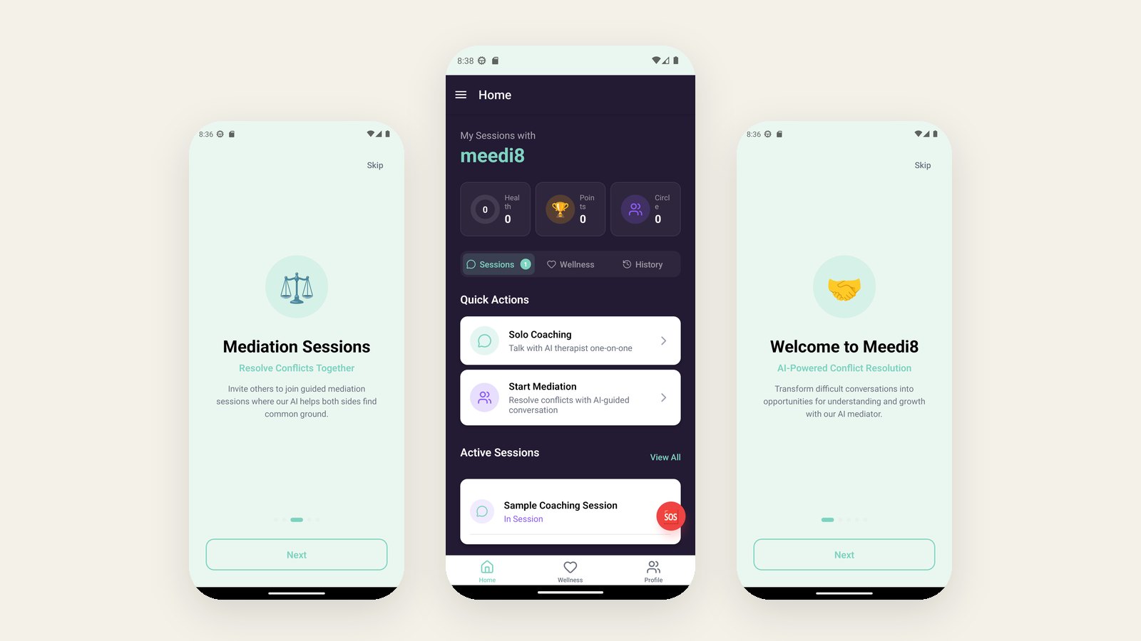 Meedi8 app — guided mediation, solo coaching and session home